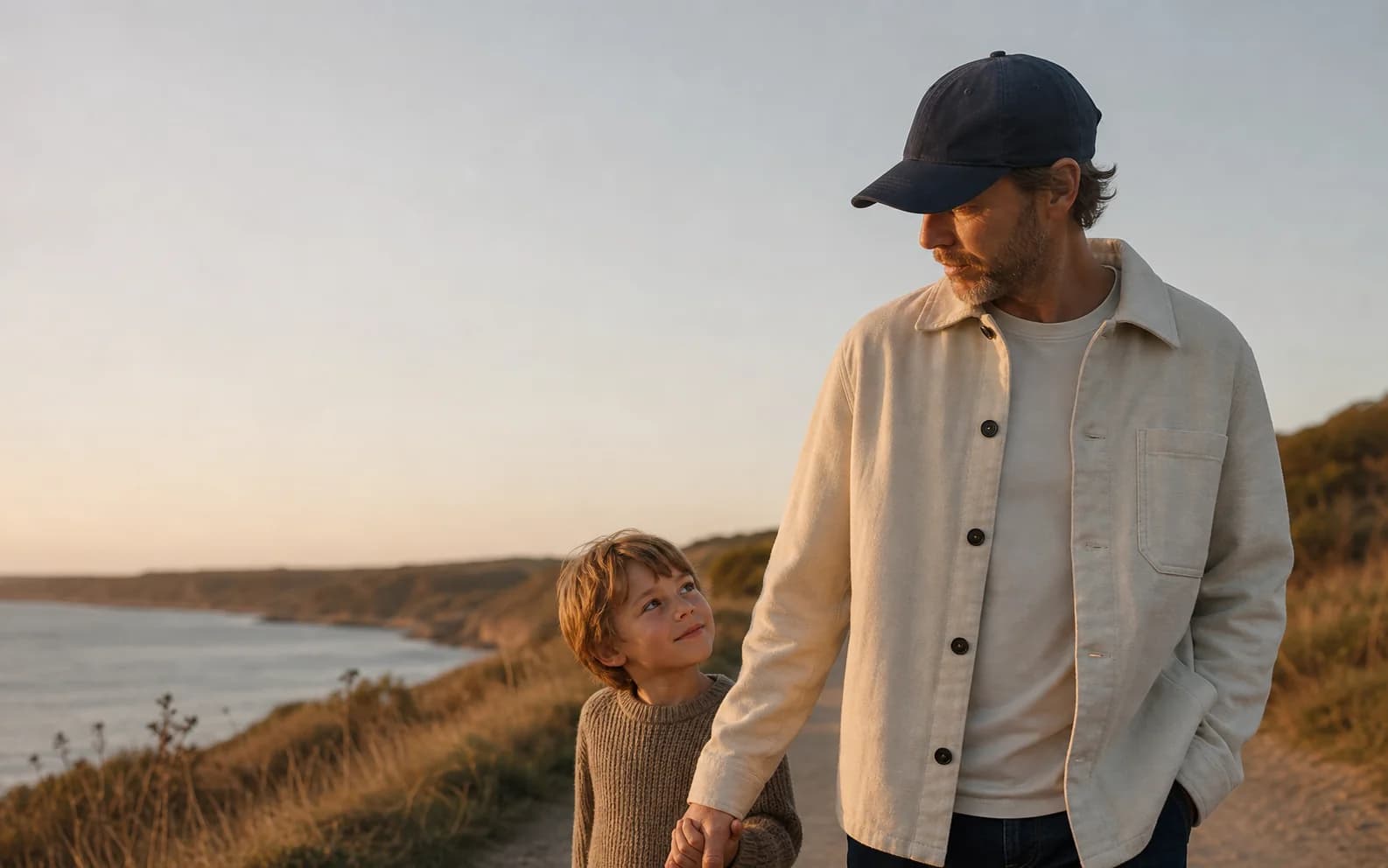 A dad in a navy cap walking with his son on a coastal path